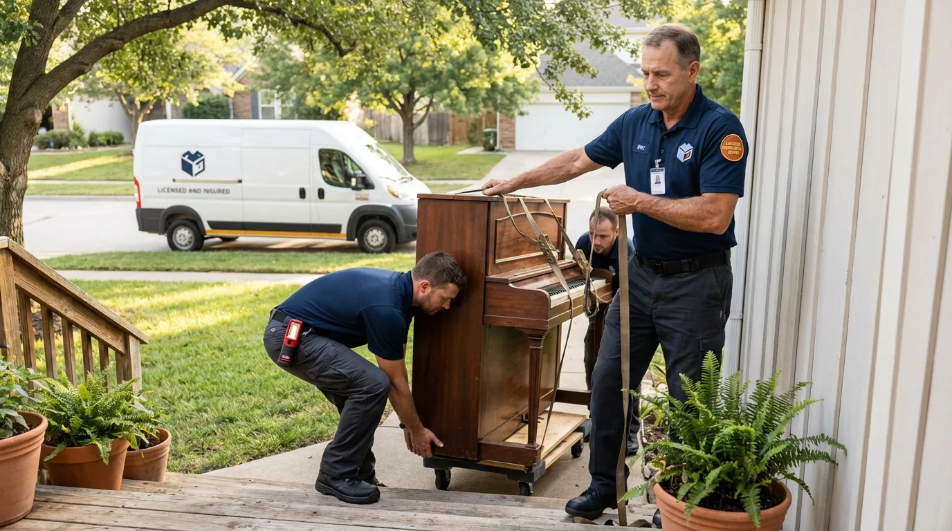 Licensed piano movers securing grand piano in South Lancaster, MA