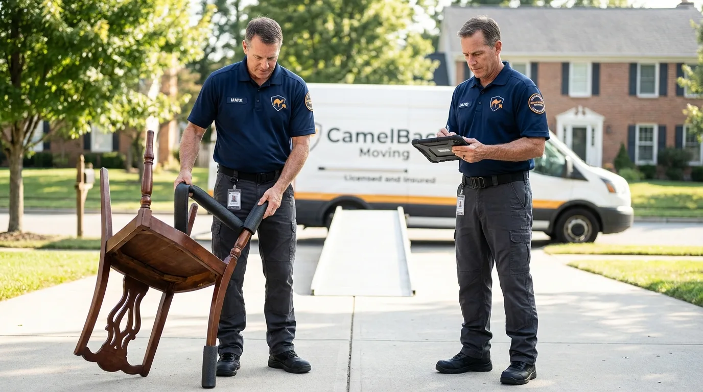 Movers inspecting furniture for damage prevention before loading in South Lancaster, MA