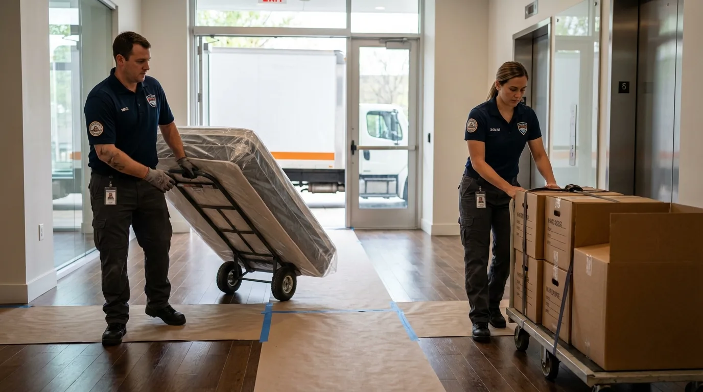 Professional apartment movers loading elevator in South Lancaster, MA