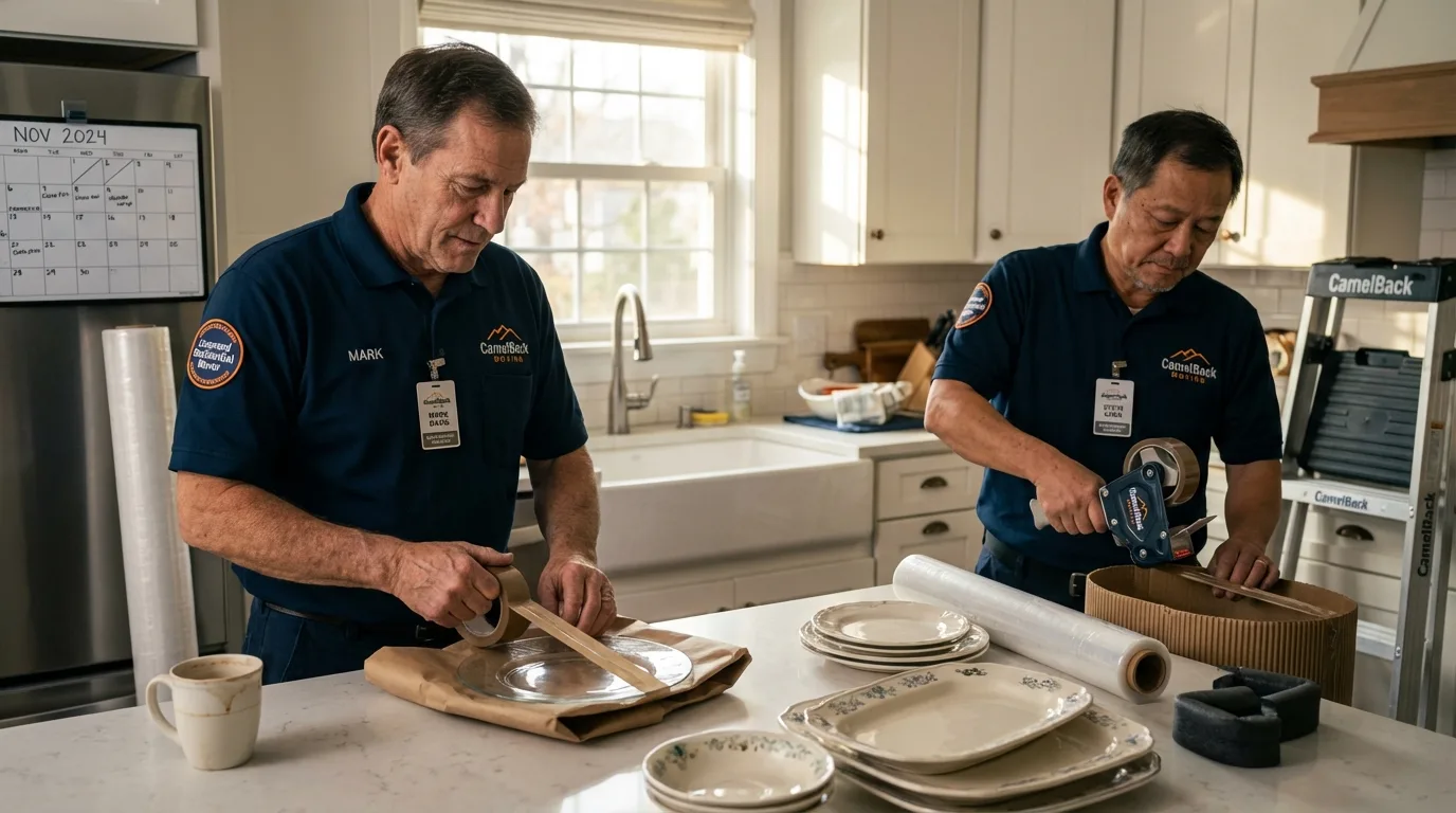 Professional crew packing kitchen dishware in South Lancaster, MA